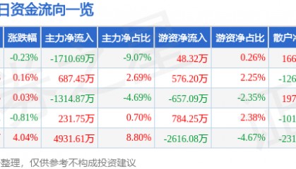 股票行情快报：双林股份（300100）3月27日主力资金净卖出1710.69万元