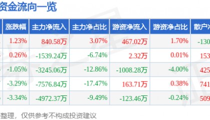 股票行情快报：大智慧（601519）3月6日主力资金净买入840.58万元