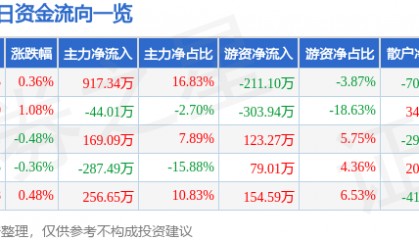 股票行情快报：皖天然气（603689）6月5日主力资金净买入917.34万元