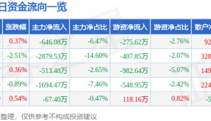 股票行情快报:豫能控股(001896)8月1日主力资金净卖出646.08万元