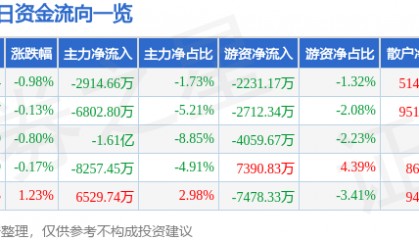 股票行情快报:歌尔股份(002241)7月30日主力资金净卖出2914.66万元