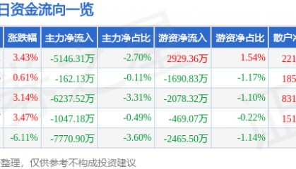 股票行情快报：岩山科技（002195）4月14日主力资金净卖出5146.31万元