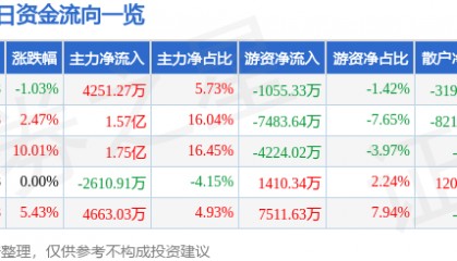 股票行情快报：申通快递（002468）8月22日主力资金净买入4251.27万元