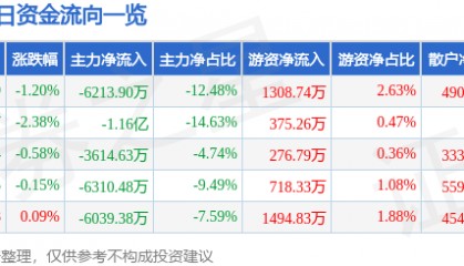 股票行情快报：南大光电（300346）8月1日主力资金净卖出6213.90万元