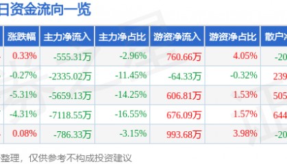 股票行情快报：双林股份（300100）3月5日主力资金净卖出555.31万元