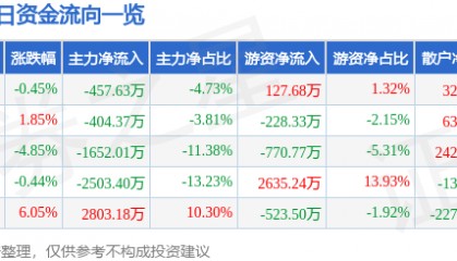 股票行情快报：辉丰股份（002496）11月26日主力资金净卖出457.63万元