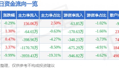 股票行情快报：葵花药业（002737）4月11日主力资金净买入156.06万元
