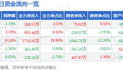 股票行情快报：南京高科（600064）4月9日主力资金净买入304.53万元