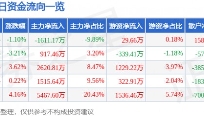 股票行情快报：开山股份（300257）8月1日主力资金净卖出1611.17万元
