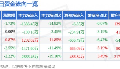 股票行情快报：拓日新能（002218）3月5日主力资金净卖出1386.45万元