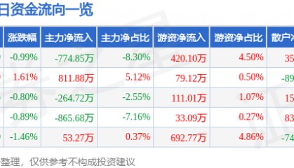 股票行情快报:国新健康(000503)10月16日主力资金净卖出774.85万元