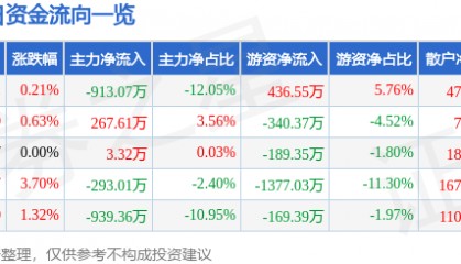 股票行情快报：三力士（002224）3月11日主力资金净卖出913.07万元