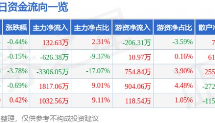 股票行情快报：合肥城建（002208）8月4日主力资金净买入132.63万元