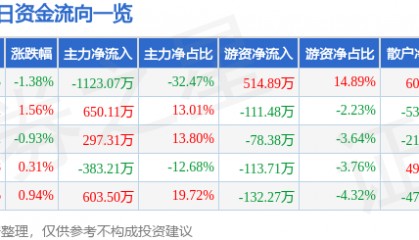 股票行情快报：合肥城建（002208）5月30日主力资金净卖出1123.07万元
