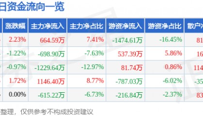 股票行情快报:澳洋健康(002172)10月15日主力资金净买入664.59万元