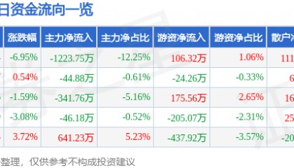 股票行情快报：辉丰股份（002496）1月3日主力资金净卖出1223.75万元