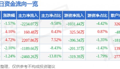 股票行情快报：辉丰股份（002496）12月9日主力资金净卖出2234.07万元
