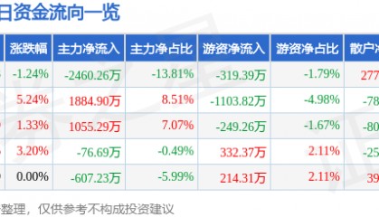 股票行情快报：辉丰股份（002496）12月3日主力资金净卖出2460.26万元