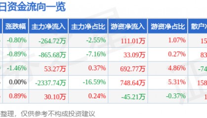 股票行情快报:国新健康(000503)10月14日主力资金净卖出264.72万元
