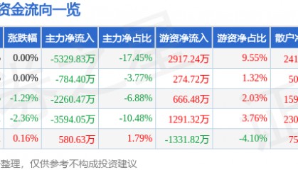 股票行情快报:健康元(600380)8月11日主力资金净卖出5329.83万元