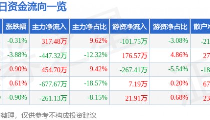股票行情快报：华塑控股（000509）3月31日主力资金净买入317.48万元