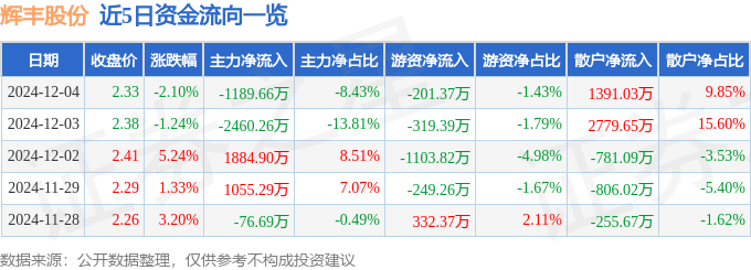 股票行情快报：辉丰股份（002496）12月4日主力资金净卖出1189.66万元